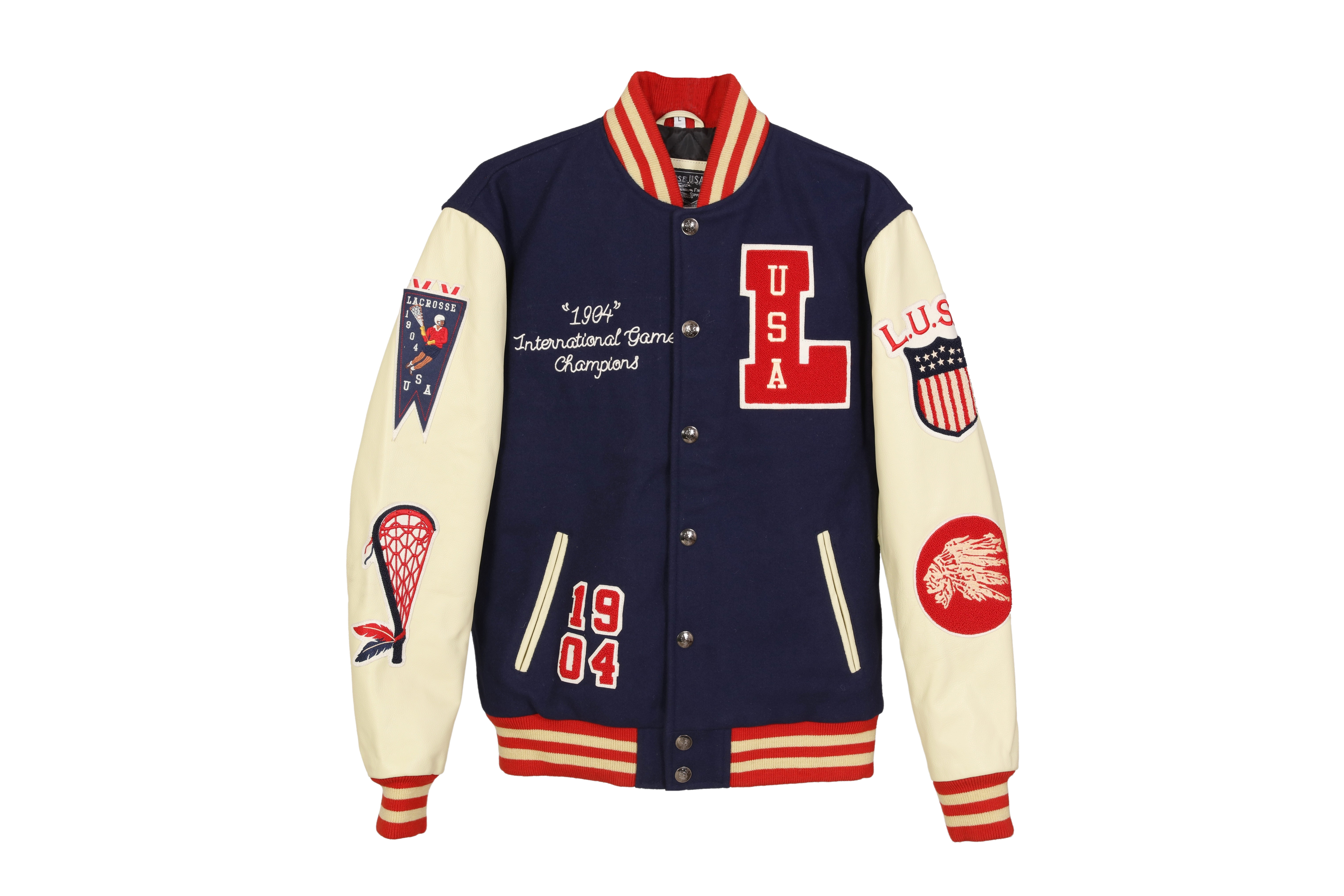 1994 International Championship American Indian-Inspired Varsity Jacket: Navy Blue & Red